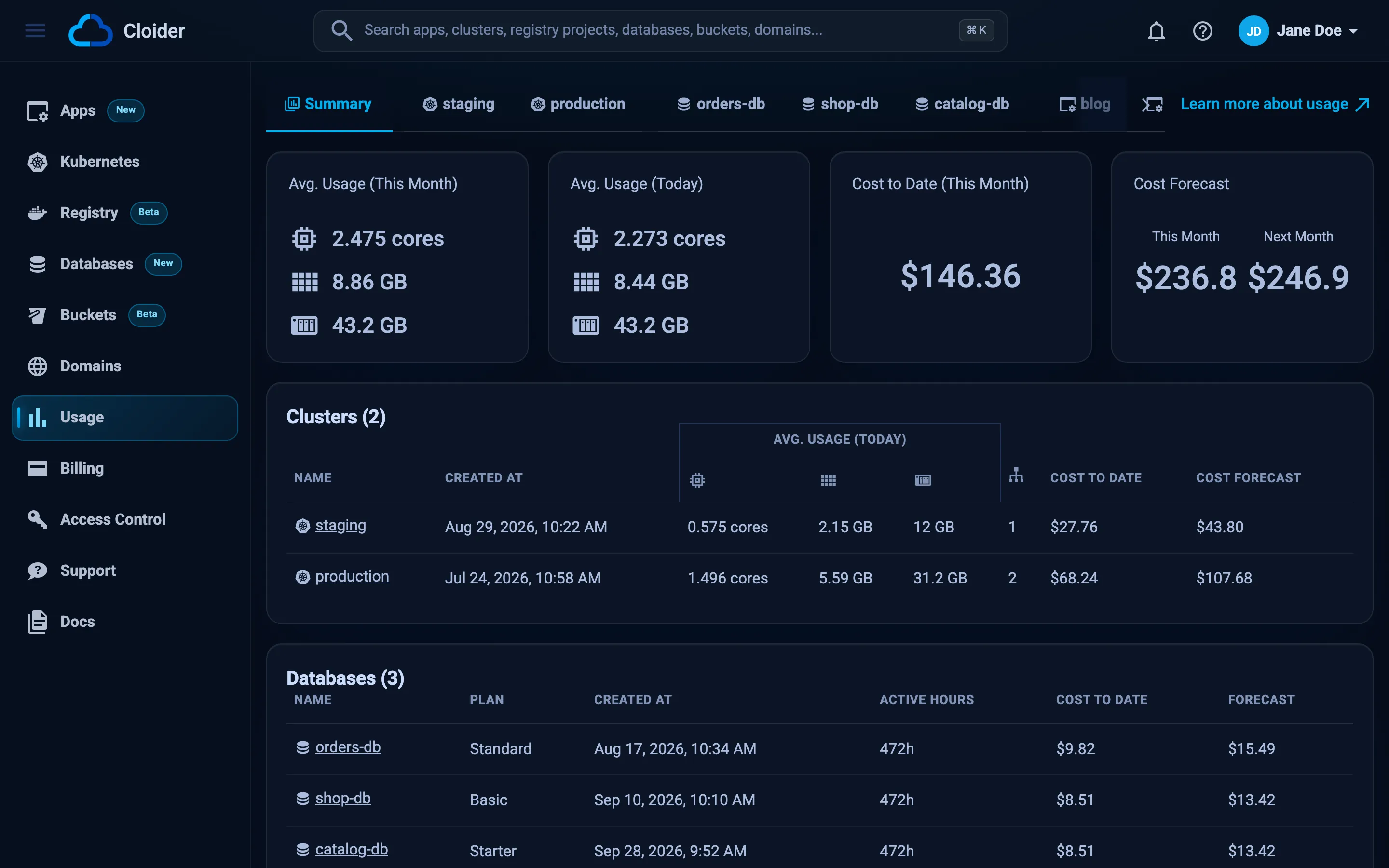 The Usage page Summary tab with average usage, cost to date and forecast cards, a daily cost chart and tables of clusters, databases, apps, buckets and registry projects