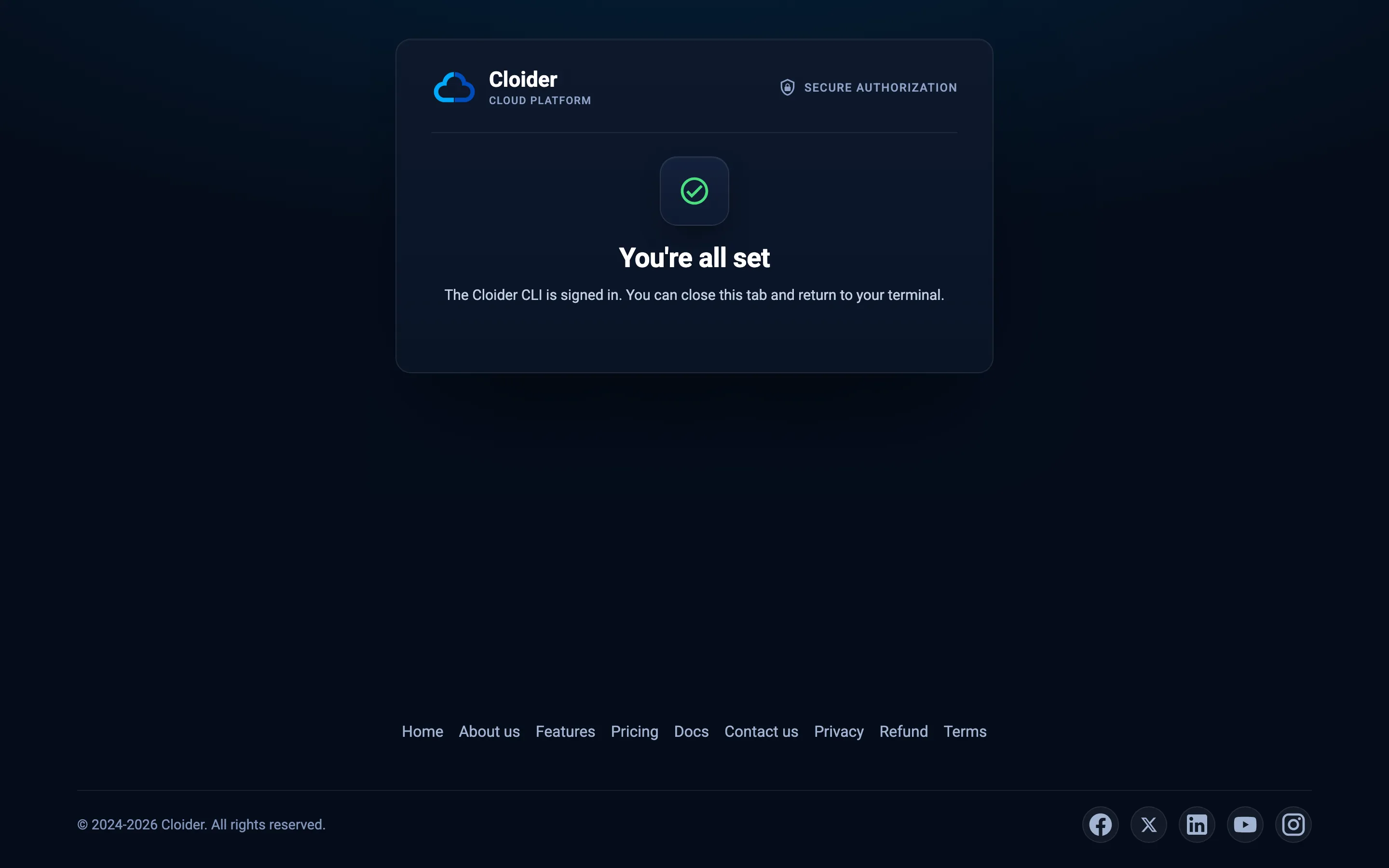 The You're all set page: the Cloider CLI is signed in, and the tab can be closed