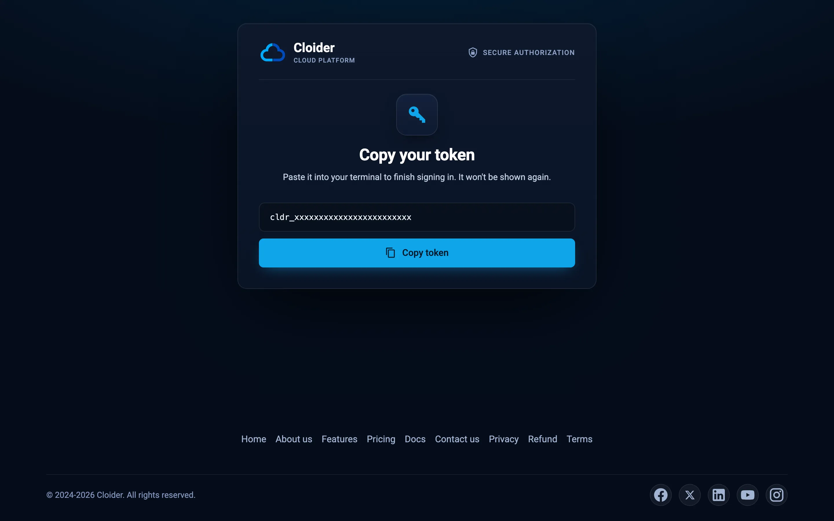 The Copy your token page showing a newly generated API token in a box with a Copy token button