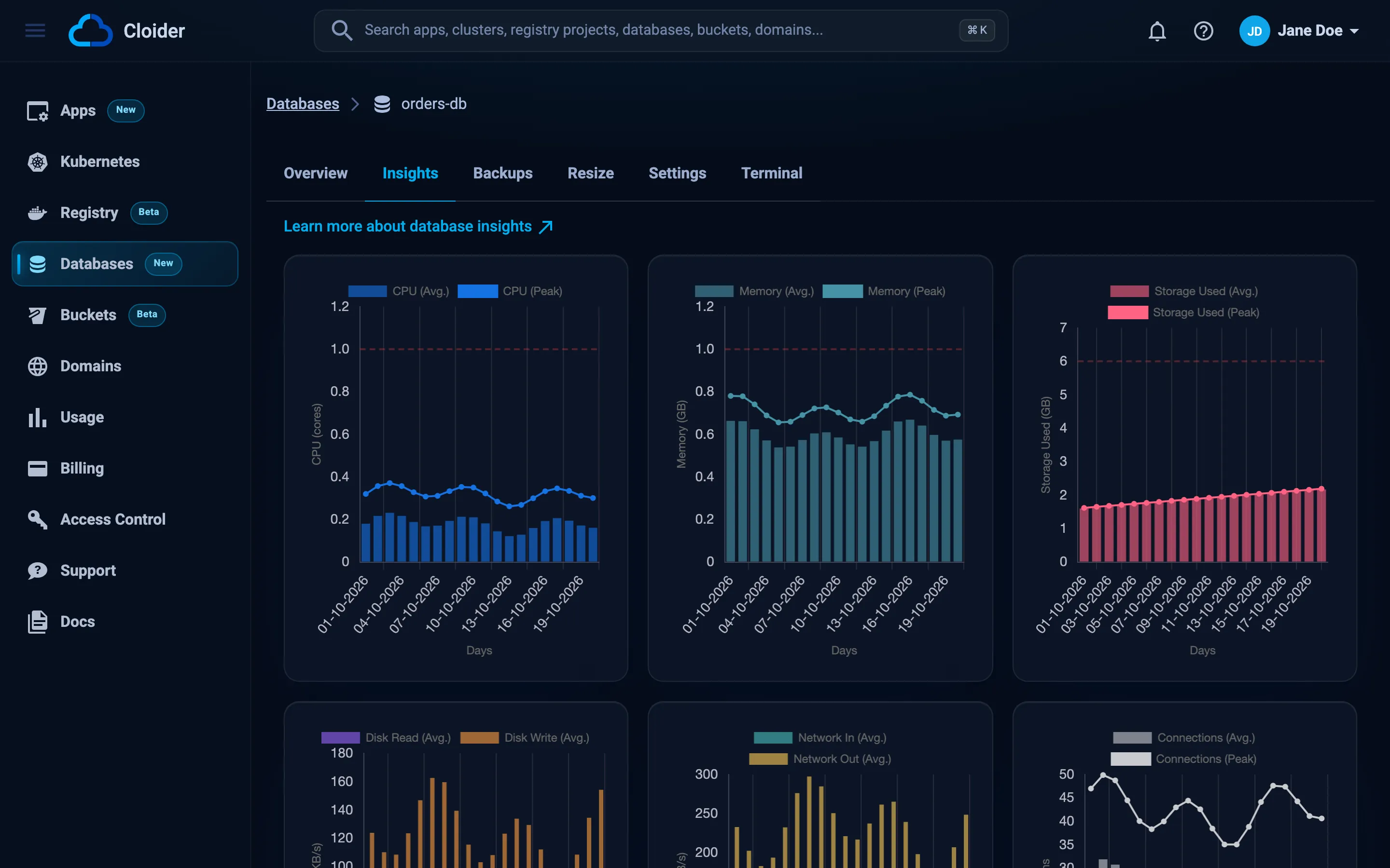 The Insights tab of orders-db with daily bar charts for CPU, memory, storage used, disk I/O, network and connections, and the Usage table with this month's average, today's average, highest and lowest values