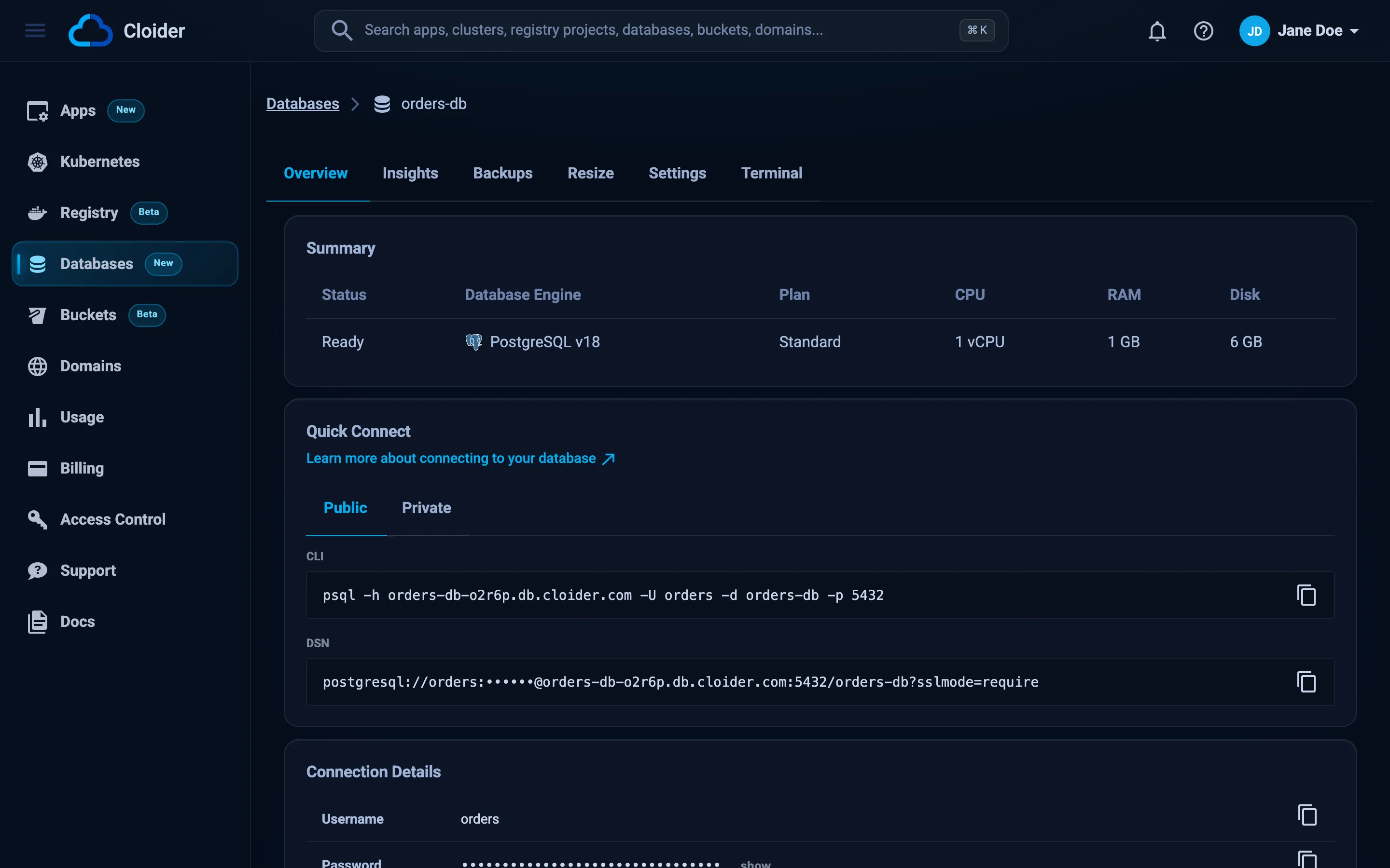 The Overview tab of the orders-db database showing the Summary table, the Quick Connect box with Public and Private tabs, and the Connection Details table with username, masked password, database name, private host, public host, port and SSL