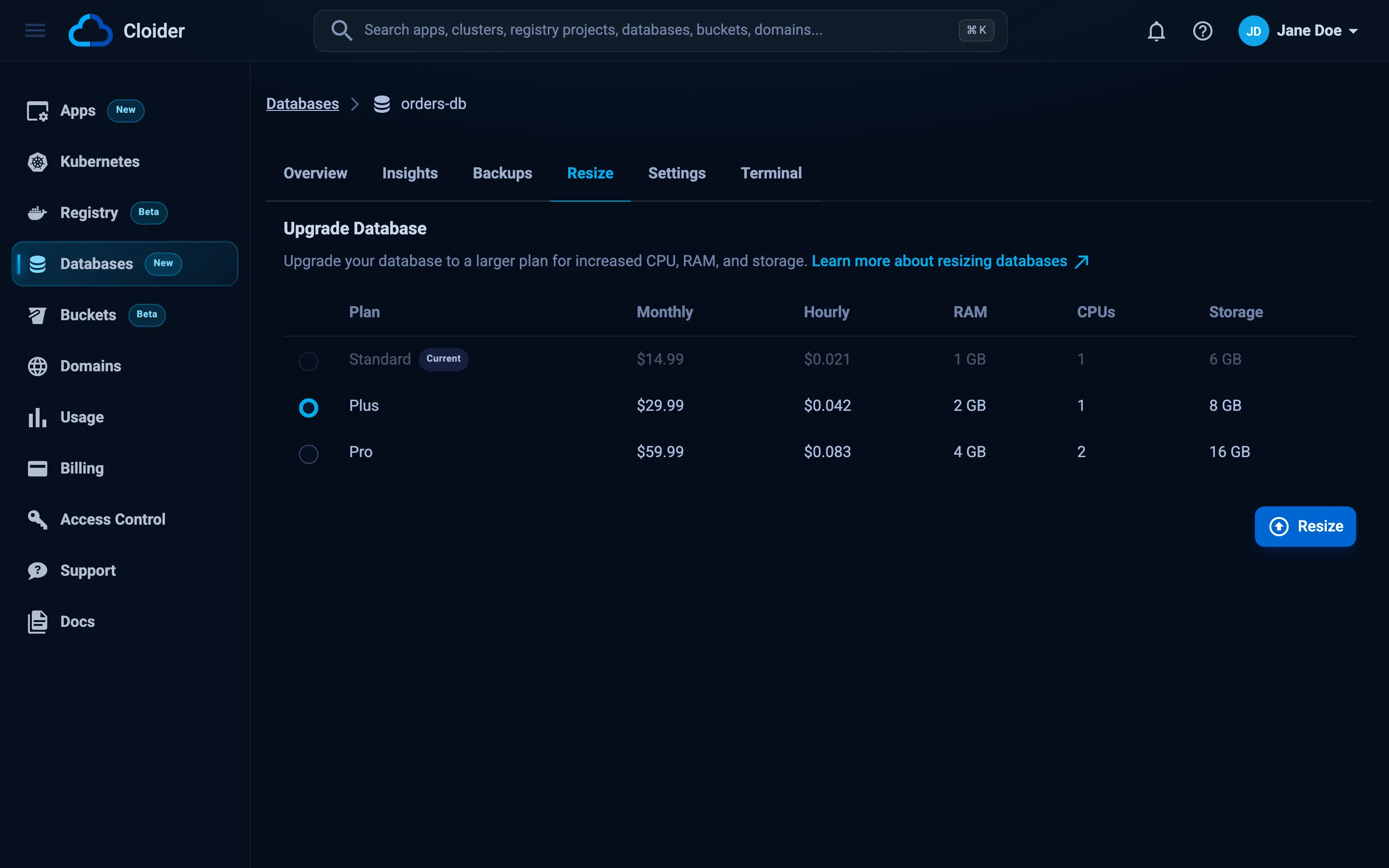 The Resize tab of orders-db showing the Upgrade Database table with the Standard plan marked Current and the larger Plus and Pro plans with their prices, RAM, CPUs and storage