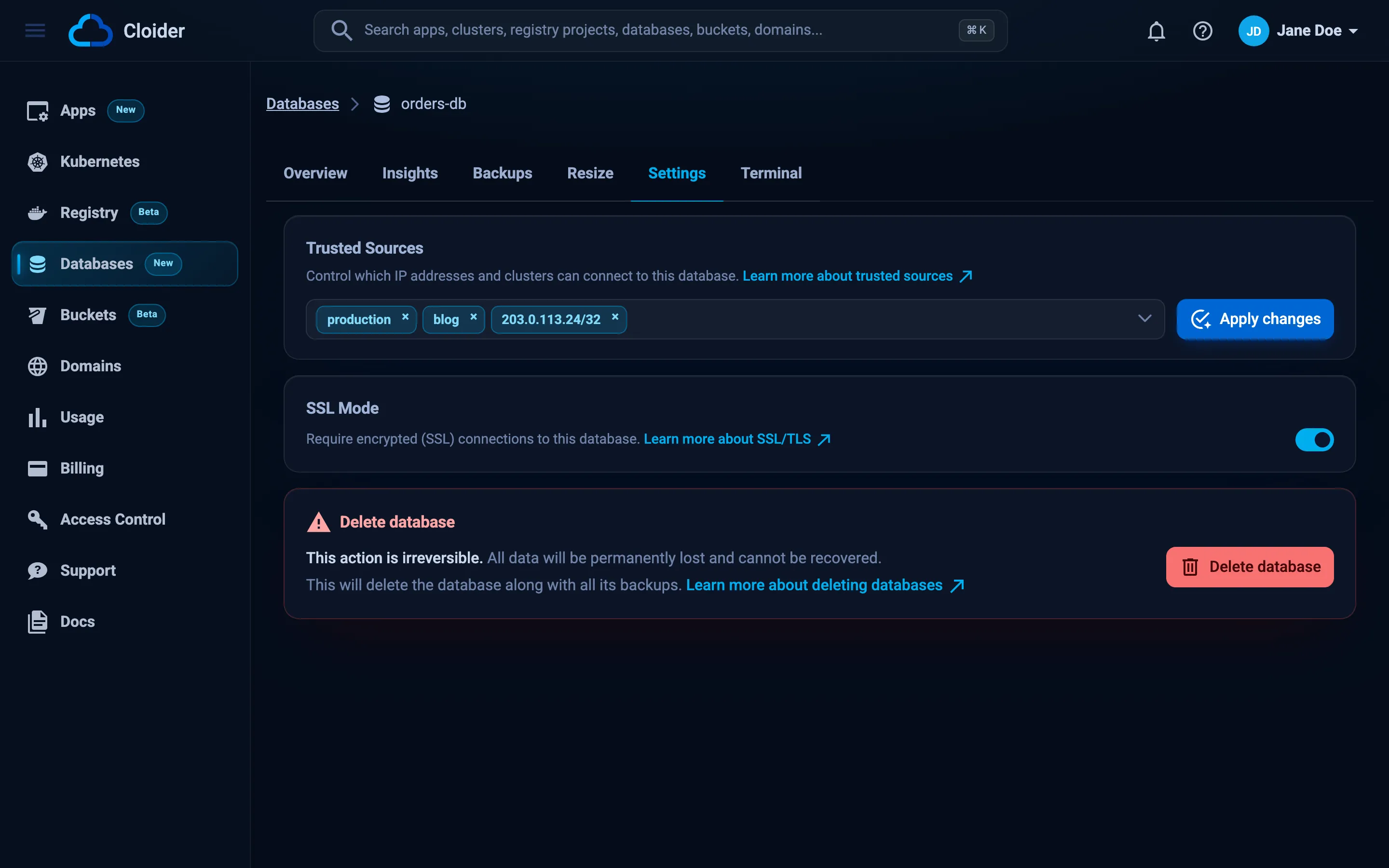 The Settings tab of orders-db with the Trusted Sources picker and its Apply changes button, the SSL Mode switch and the Delete database section