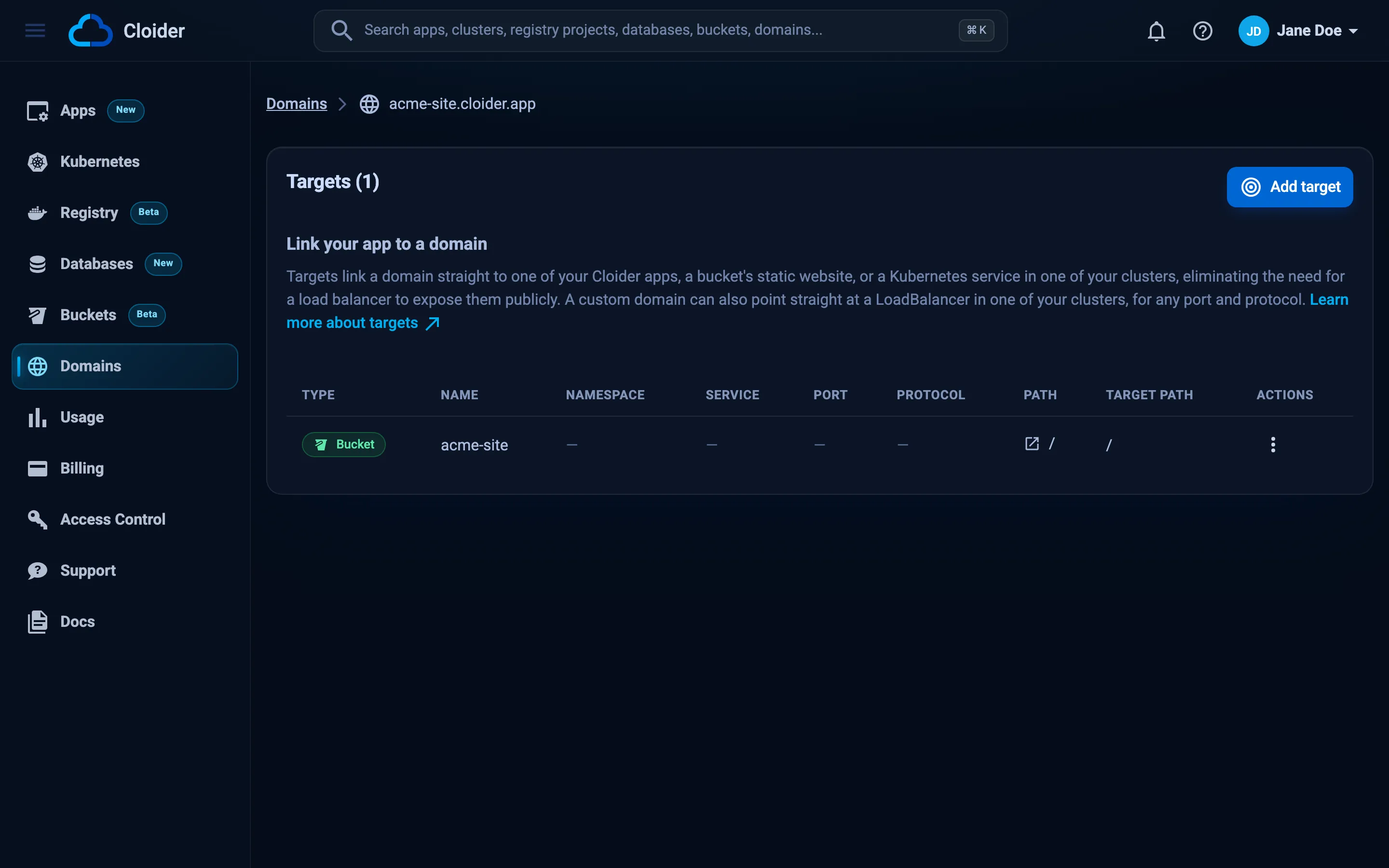 The domain page of acme-site.cloider.app with one Bucket target named acme-site at the path /, with dashes in the Namespace, Service, Port and Protocol columns