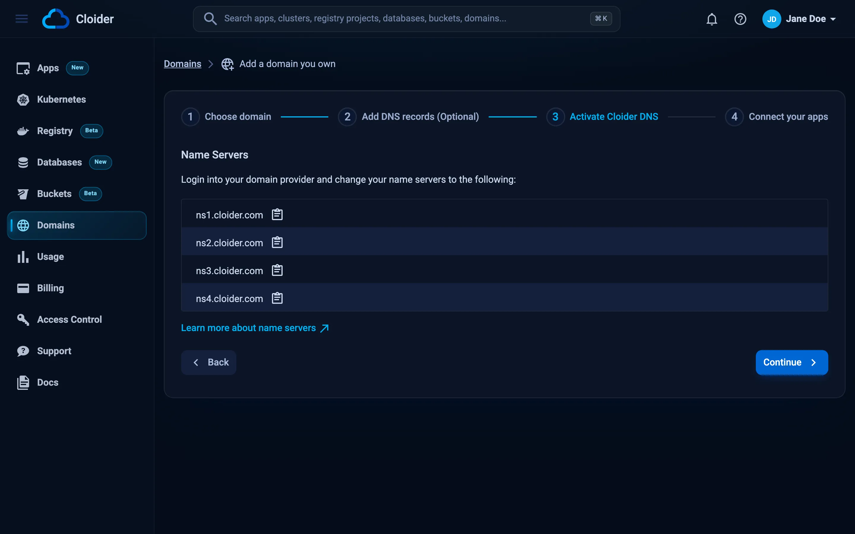The Activate Cloider DNS step listing ns1.cloider.com, ns2.cloider.com, ns3.cloider.com and ns4.cloider.com with copy buttons