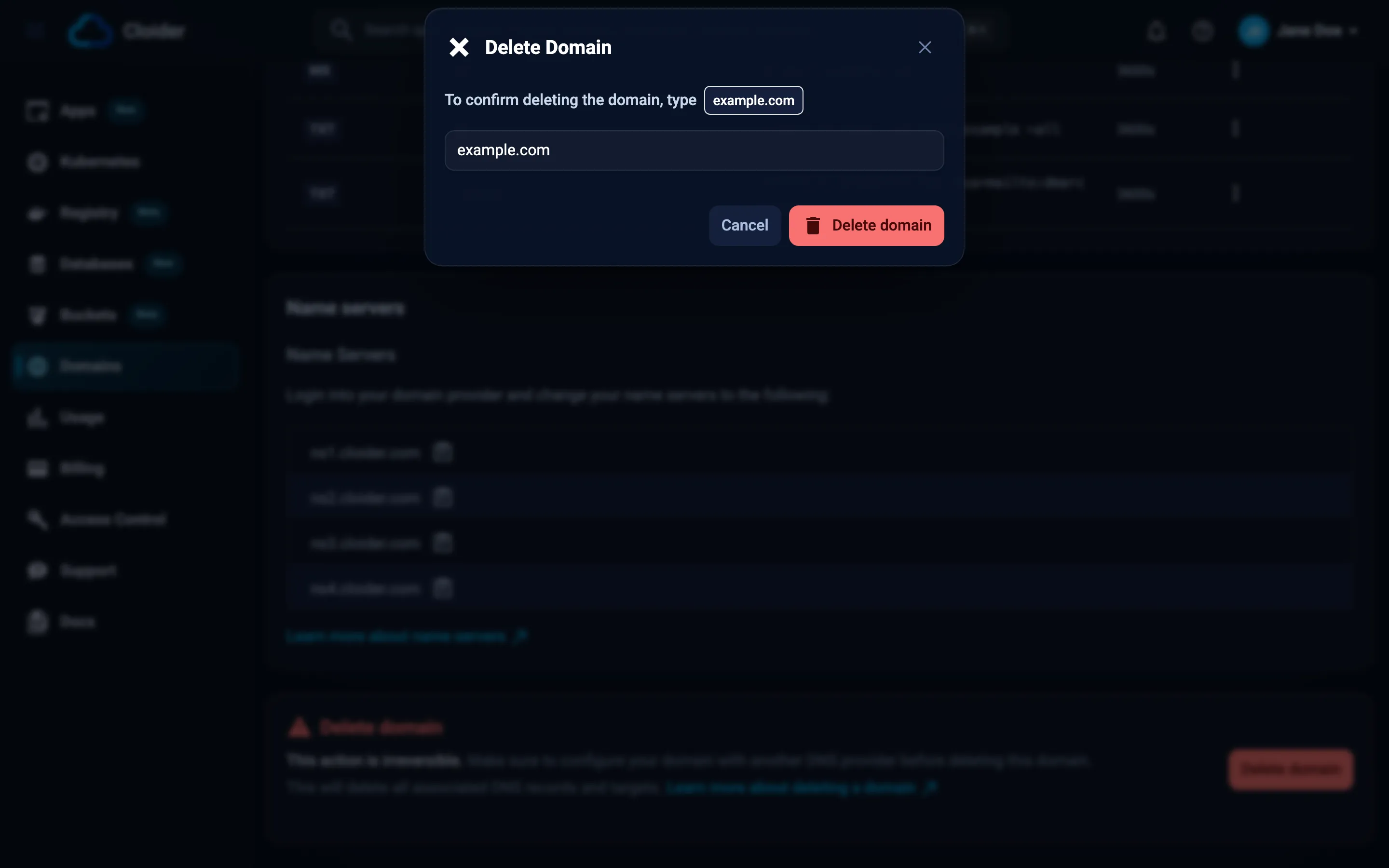 The Delete Domain dialog asking to type example.com to confirm, with the Delete domain button