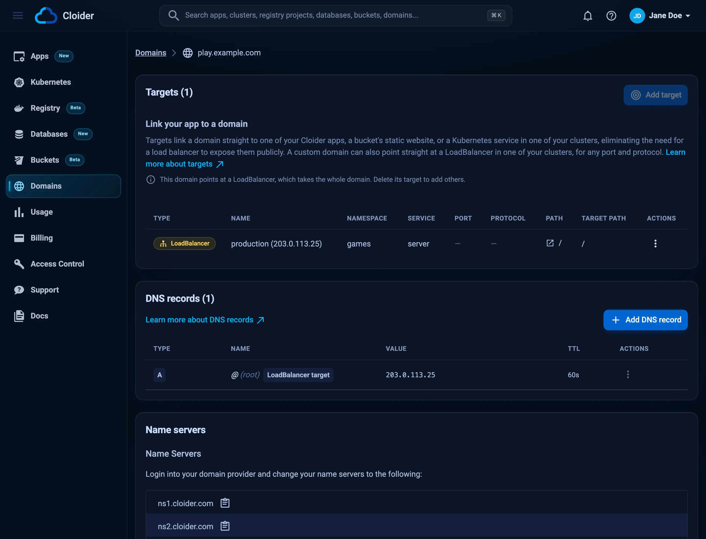 The domain page of play.example.com with one LoadBalancer target to the server Service in the games namespace of production at 203.0.113.25, and under it the DNS records with the A record to 203.0.113.25 tagged LoadBalancer target