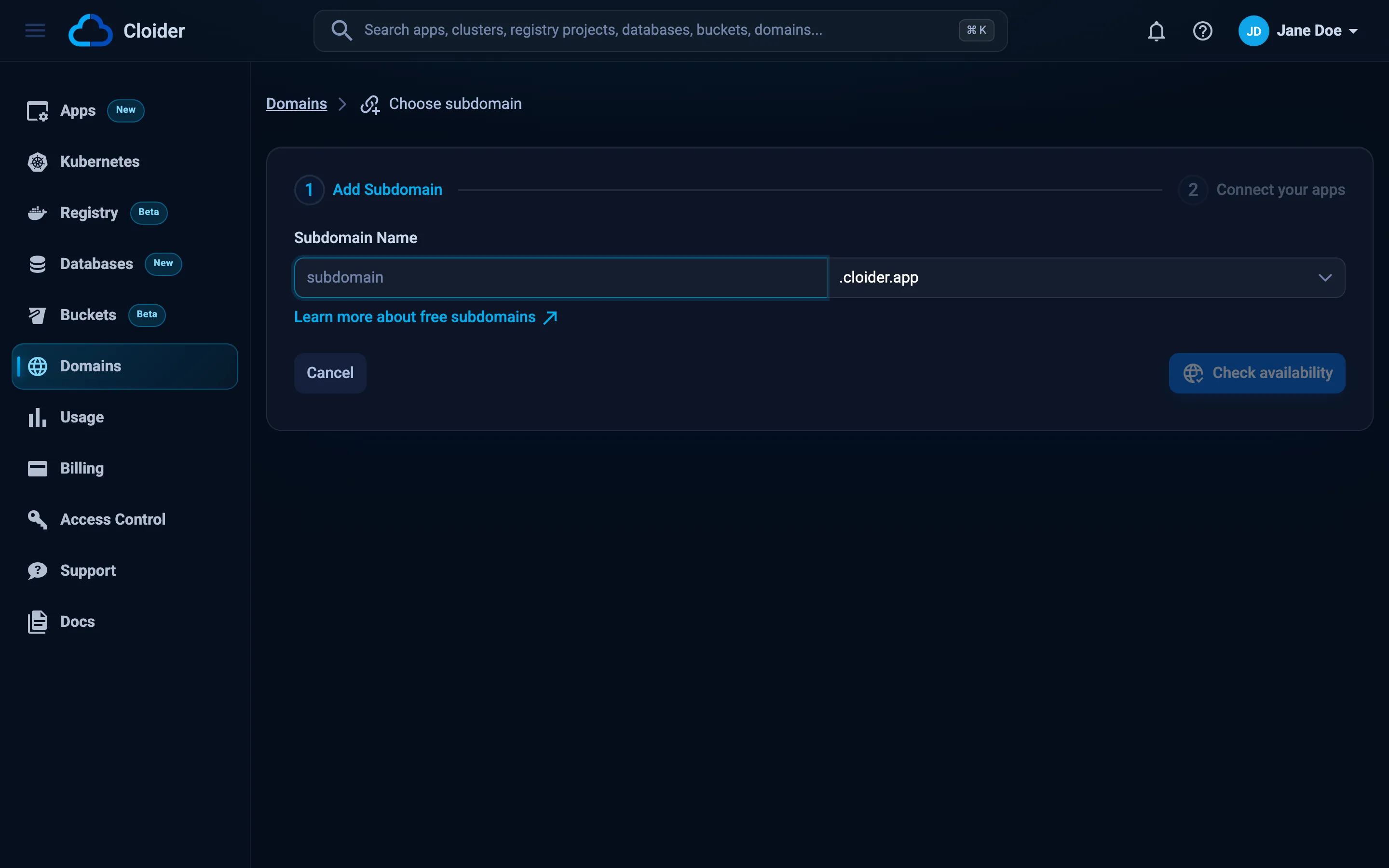 The Choose subdomain page with acme-blog typed in Subdomain Name, .cloider.app selected, and the Check availability button