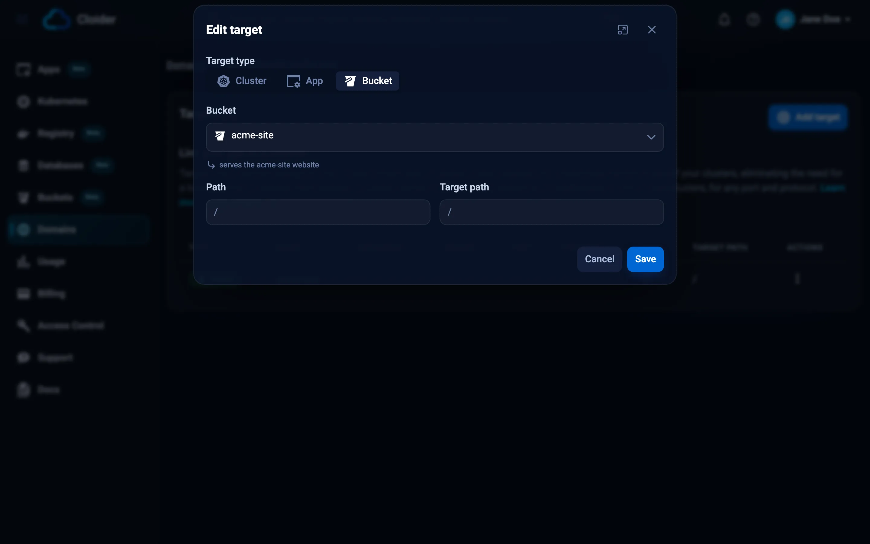 The Edit target dialog of acme-site.cloider.app with Target type Bucket, the acme-site bucket picked in Bucket, and Path and Target path fixed at /