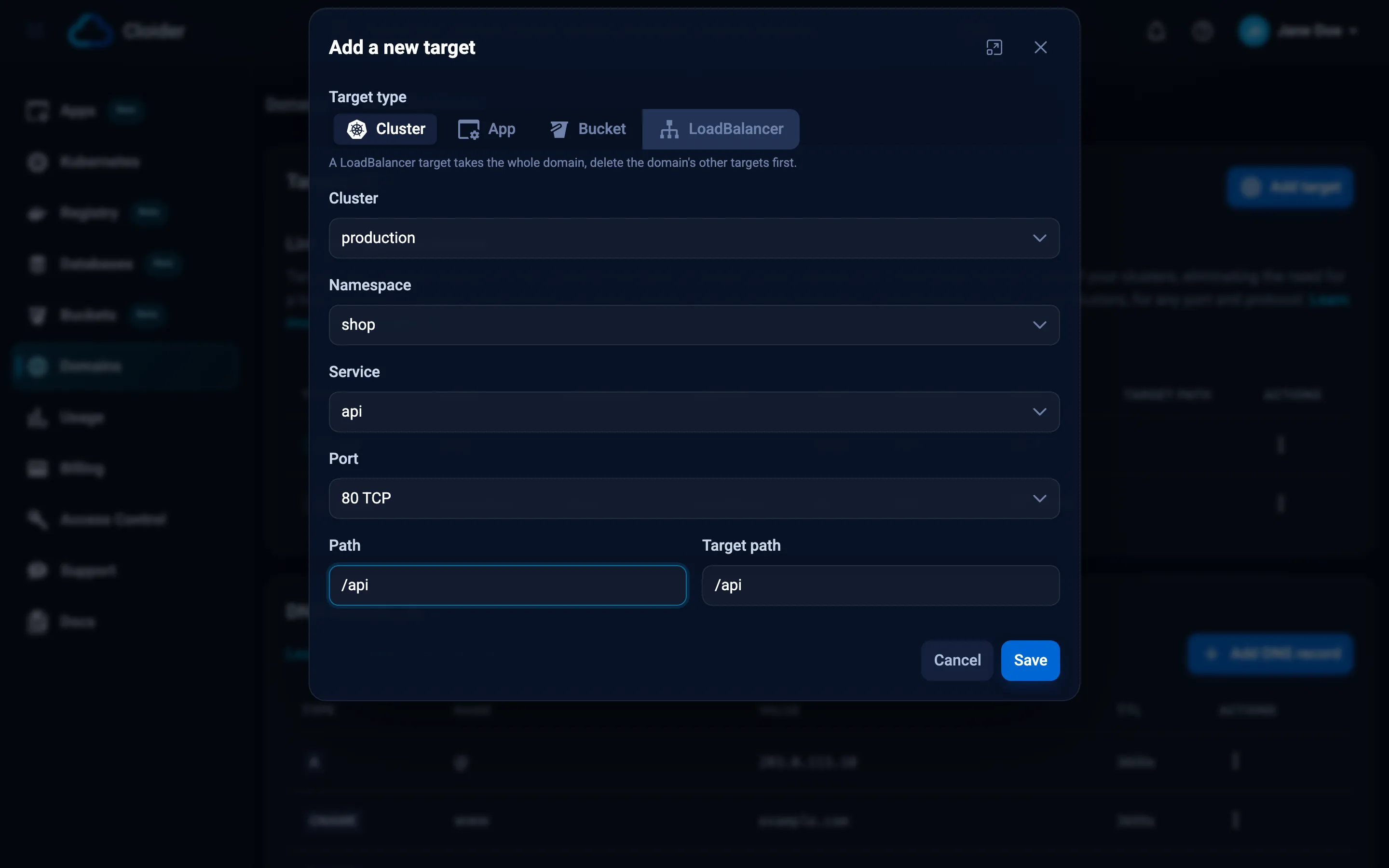 The Add a new target dialog for example.com with Target type Cluster, Cluster production, Namespace shop, Service api, Port 80 TCP, Path /api and Target path /api, with the Cancel and Save buttons
