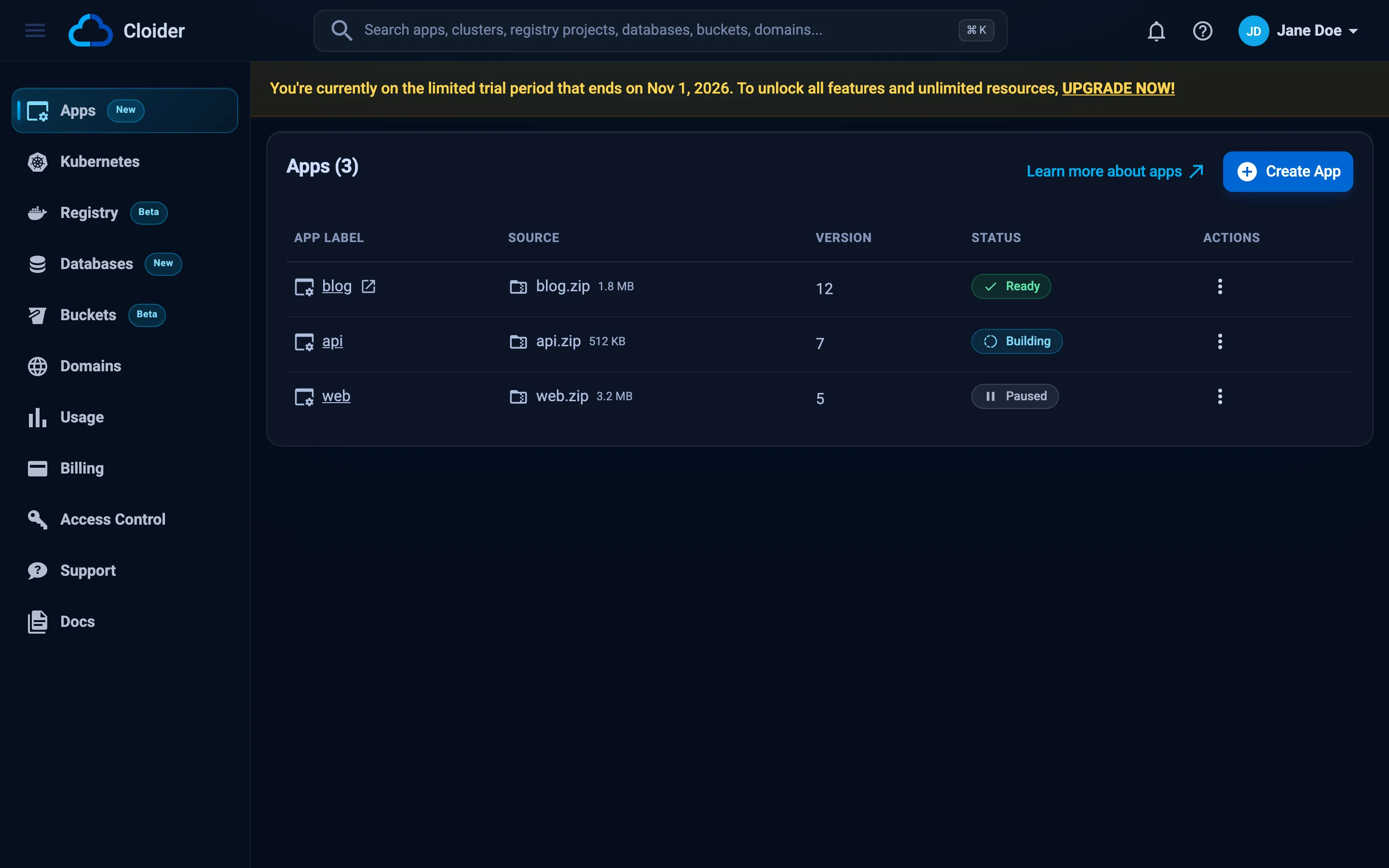 The dashboard with the trial banner at the top saying the account is on the limited trial period and the date it ends, with an UPGRADE NOW! link