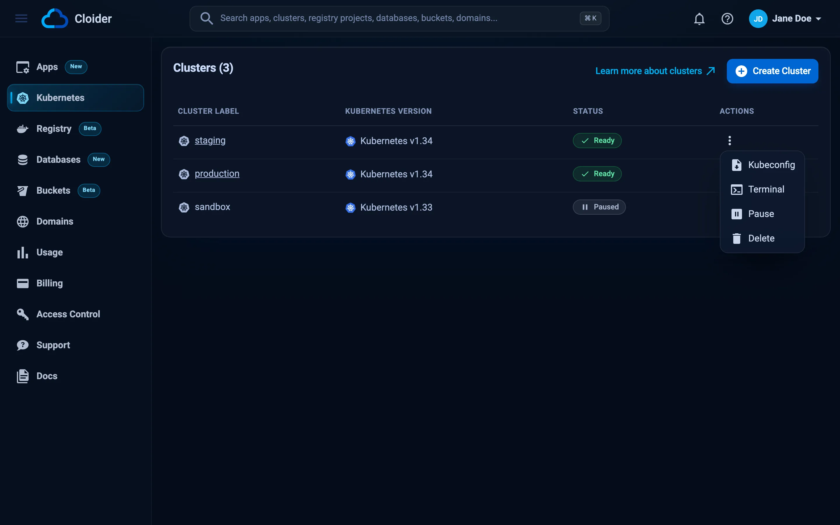 The actions menu of the staging cluster open on the Kubernetes page, with the Kubeconfig, Terminal, Pause and Delete items