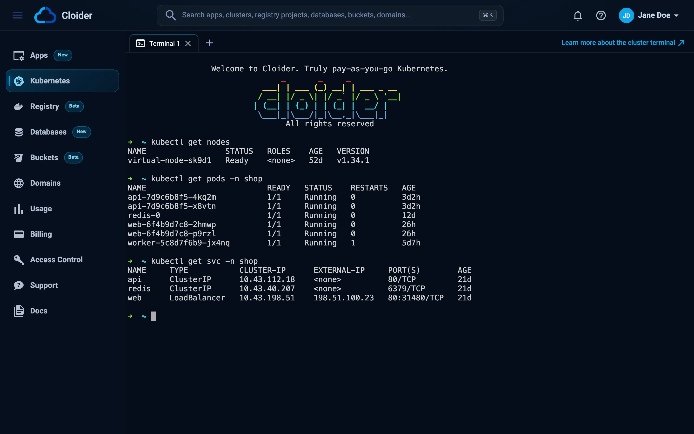 The browser terminal of the staging cluster showing the output of kubectl get pods across all namespaces, with a Terminal 1 tab and a plus button for a new tab