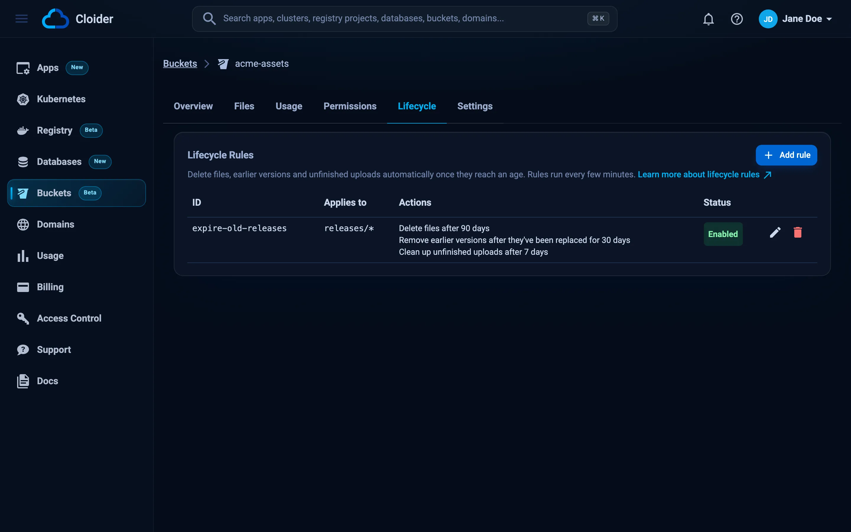 The Lifecycle tab of a bucket listing a rule with its ID, the prefix it applies to, its actions such as delete files after 30 days, and an Enabled status