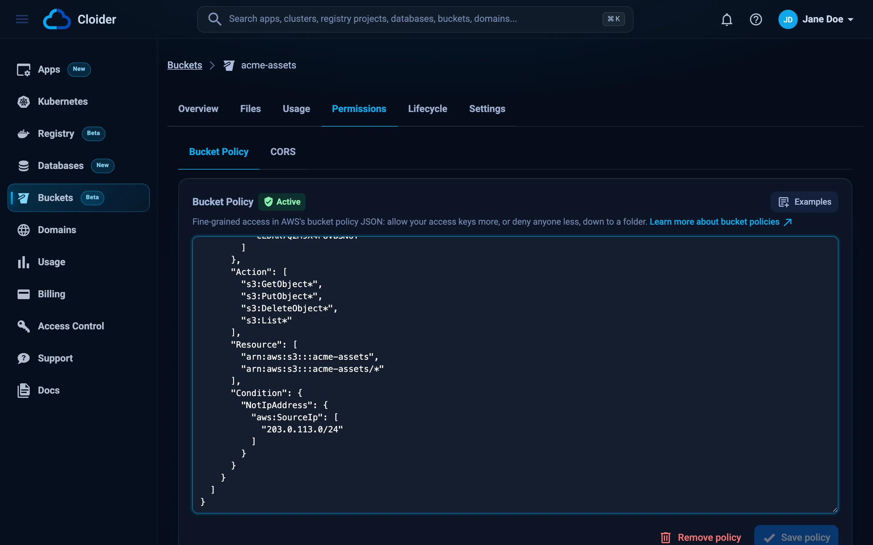 The Policy tab of a bucket with the Bucket Policy JSON editor, an Examples button, Save policy and Remove policy buttons, and a How Policies Work Here box listing the account's access key ids