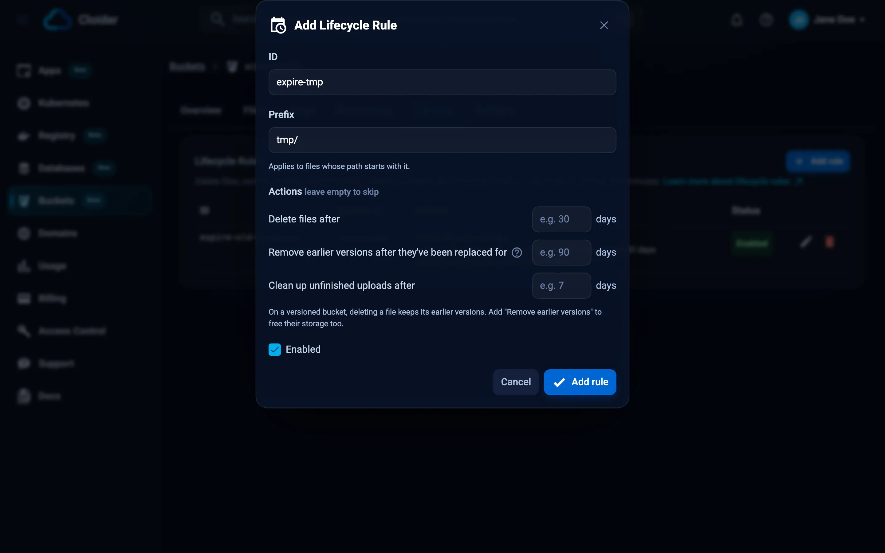 The Add Lifecycle Rule dialog with the ID expire-tmp, the prefix tmp/, Delete files after 7 days, Clean up unfinished uploads after 1 days and Enabled checked